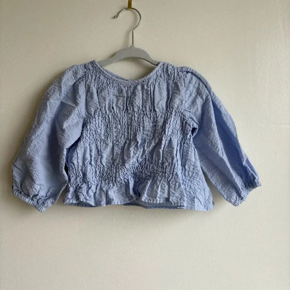 Zara Baby Girl Seersucker Long Sleeve Smocked Light Blue Top Size 9-12m - Picture 4 of 6